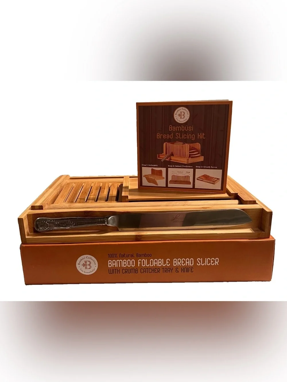 Bamboo Bread Slicer Foldable Adjustable Cutter with Stainless Knife Bambusi Open